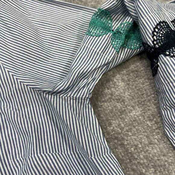 Talbots Women’s Blouse Top Size Medium Blue Striped Lace Boat Neck Ruffle - Picture 6 of 14